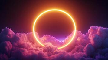 3d abstract cloud illuminated with neon light frame ring Glowing circle illuminating purple creates a surreal and dreamy atmosphere in a fantasy sky background photo