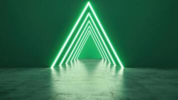 3d Glowing Abstract green neon triangles futuristic tunnel with reflective metallic surface background photo