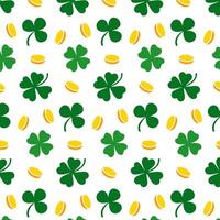 Seamless pattern with gold coins and shamrocks in a random arrangement. Colorful flat design for St. Patricks Day decorations and backgrounds. vector