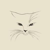 Illustration of Flat line art illustration of a cat's face, whiskers emphasized with clean strokes, triangular nose, almond-shaped eyes, simple yet expressive, white background vector