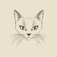 Illustration of Flat line art illustration of a cat's face, whiskers emphasized with clean strokes, triangular nose, almond-shaped eyes, simple yet expressive, solid white background vector