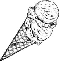 Hand drawn ink illustration of an ice cream cone with scoops. Sketchy style frozen dessert clipart for cafe menus, bakery packaging, ice cream shop branding, summer prints, and recipe books vector