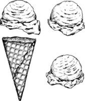 Hand drawn ink illustration of an ice cream cone with scoops. Sketchy style frozen dessert clipart for cafe menus, bakery packaging, ice cream shop branding, summer prints and recipe books vector