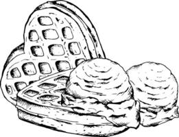Hand drawn ink illustration of heart-shaped waffles with scoops of ice cream. Classic breakfast and dessert clipart for cafe menus, confectionery packaging, bakery branding and sweet treats vector