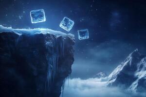 Ice cubes falling off a frozen cliff at night. photo