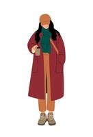 A woman in a red coat and scarf holding a cup vector
