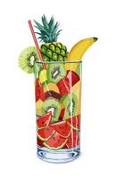 A glass of fruit cocktail with a straw and a slice of watermelon vector