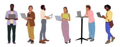 A group of people standing with laptops vector