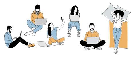 A group of people sitting on the floor with laptops vector