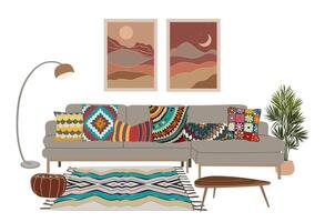 A colorful living room with a couch, rug, lamp and pillows vector