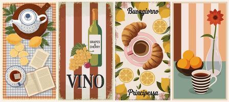 A set of four banners with wine, food and a book vector