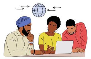 Three people are working on a laptop with a globe on the screen vector