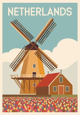 Vintage poster with dutch windmill and tulips in the background