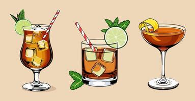 Three different types of alcoholic drinks with ice and lemon vector