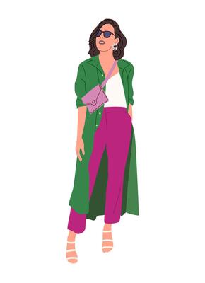 A woman in a green coat and purple pants