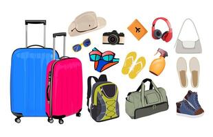 Various items including a suitcase, shoes, sunglasses, and a camera vector