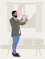 A man with a beard and a tablet computer vector