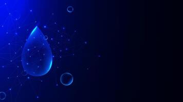 Futuristic falling water drop with bubbles and glowing particles. Modern wire frame mesh design vector