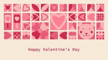 Horizontal Love banner with geometric pattern. Happy Valentine's day header or voucher template with hearts neo geo vector