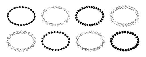 Love hand drawn oval frames with black Hearts. Set of doodle romantic element textboxes Valentine's day Empty borders for text. vector