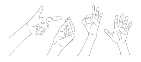 A drawing of four hands with different gestures vector