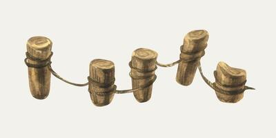 Fence made of tree stumps wrapped with brown twine, small cute decorative. Watercolor illustration hand drawn. Separate element object isolated from background. vector