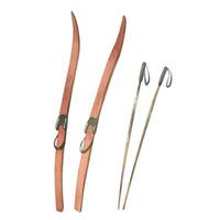 Retro red-brown skis with boot bindings with ski poles stuck in snow. Watercolor winter illustration hand drawn. Set of individual elements isolated from background vector