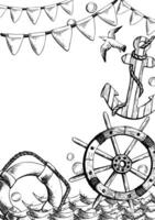 Lifebuoy, ship s wheel, anchor floating on the waves and flags. Graphic illustration on a nautical theme, hand-drawn line art in black and white monochrome. Vertical rectangular frame template vector