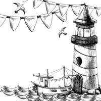 Sea lighthouse with a fishing sailboat floating on the waves, with seagulls and flags. Graphic illustration on a nautical theme hand-drawn line art in black and white monochrome. Square frame template vector