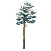Pine tree tall with green crown and snow on branches, for winter landscape. Watercolor illustration hand drawn. Separate element object isolated from background. vector
