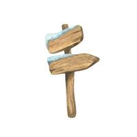Information pole with arrow boards wooden for direction and way indication, with snow. Watercolor winter illustration hand drawn. Separate element object isolated from background. vector