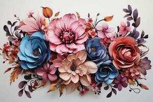 3d handmade Paper Flowers in pastel colours with copy space on white background. Colorful 3d Artificial multicolored flower frame background and wallpaper. High quality photo