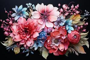 3d handmade plump Paper Flowers in pastel colours with copy space on black background. Colorful 3d Artificial multicolored flower frame background and wallpaper. High quality photo