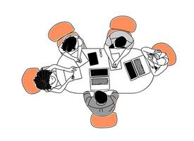 An illustration of people sitting around a table with laptops vector