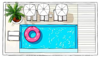 A drawing of a pool with a pink inflatable vector