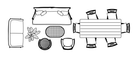 A drawing of a table, chairs, and a grill vector