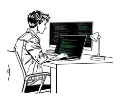 A man is sitting at a desk with a laptop and a computer screen vector