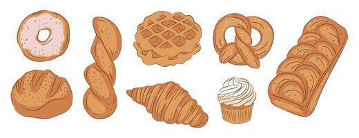 Various types of breads and pastries on a white background vector