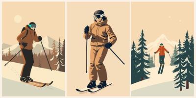Three different illustrations of skiers on the mountain vector