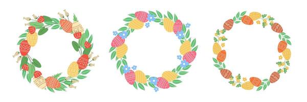 Spring Easter Wreath Set with Flowers and Painted Eggs vector