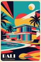 A poster of a house and a pool in indonesia vector