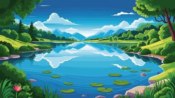 illustration of a lake in a forest with mountains and trees vector