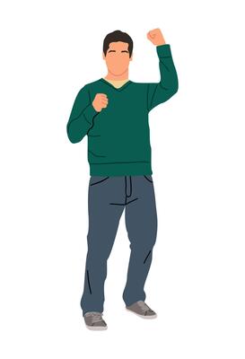 A man in a green sweater and jeans is raising his fist