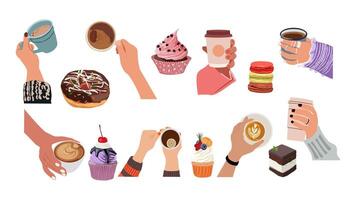 A set of hands holding various types of food vector