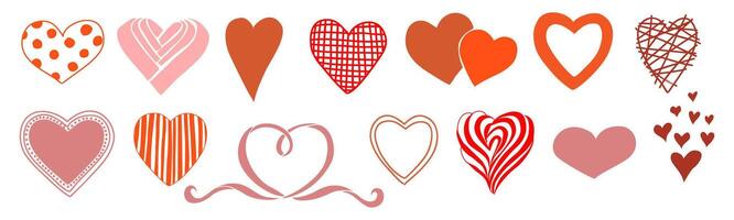 Set of different red and pink heart silhouettes. Hand drawn illustrations isolated on white background. Traditional Love sign Design element for Valentines Day greeting card, banner vector