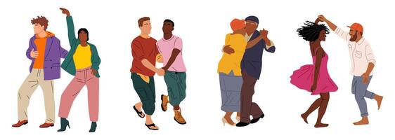 Set of dancing couples. Collection of different people dancing in various styles. vector