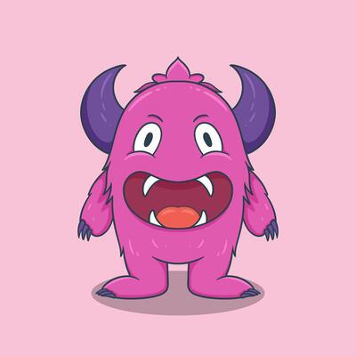 Adorable monster character with oversized eyes, sharp fangs, and a warm smile.