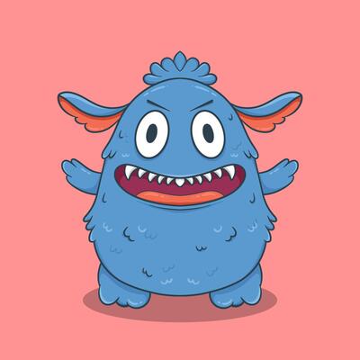 Funny cartoon creature with bulging eyes, sharp yet harmless teeth, and a joyful smile