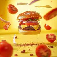 Delicious meat burger with bacon on yellow background with levitating vegetables and ingredients. Advertising poster with studio light. photo