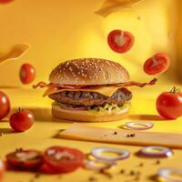 Delicious Burger with bacon on yellow background with levitating vegetables and ingredients. Advertising poster with studio light. photo